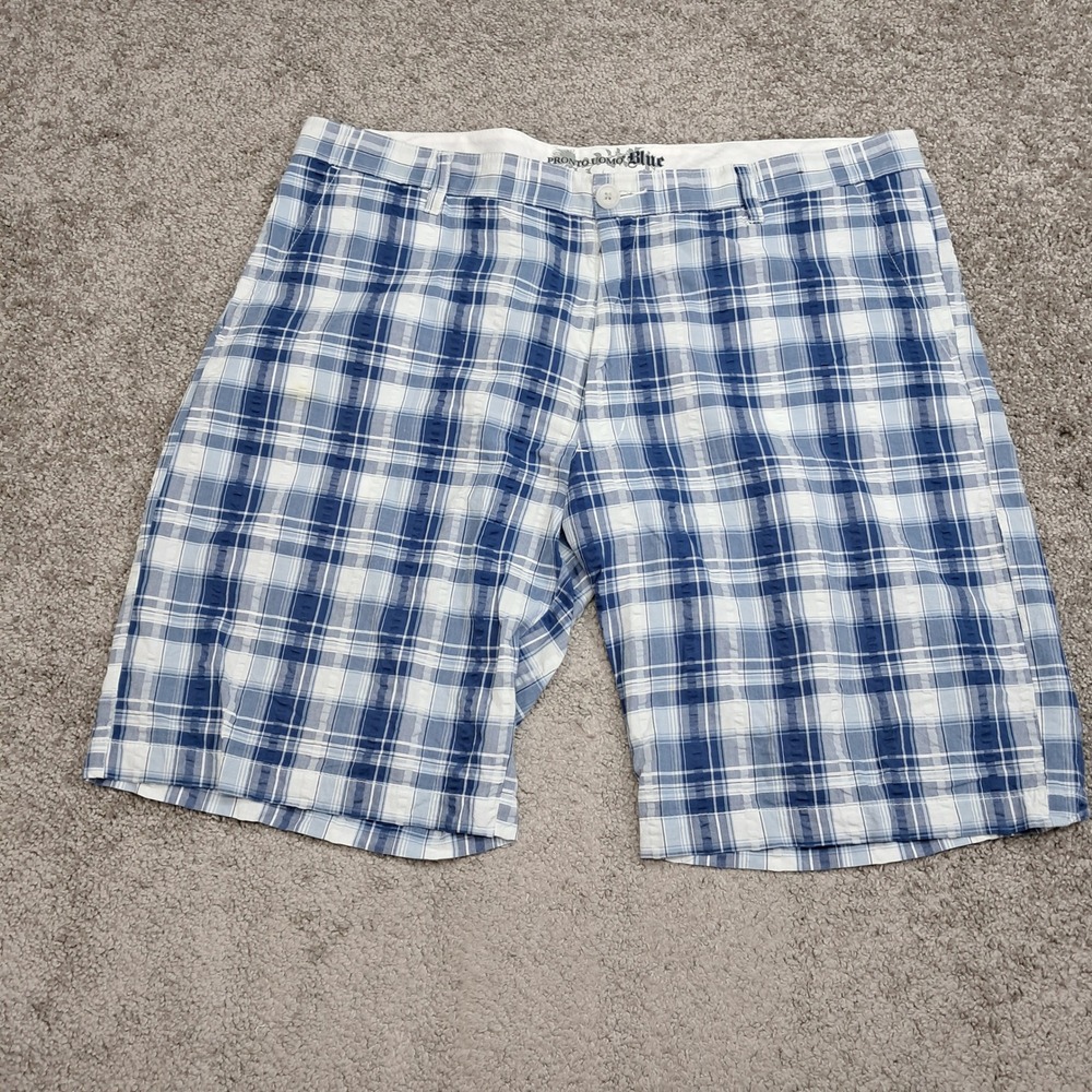 Pronto Uomo Blue Mens Plaid Cotton Shorts Blue White Size 40 Flat Front Summer